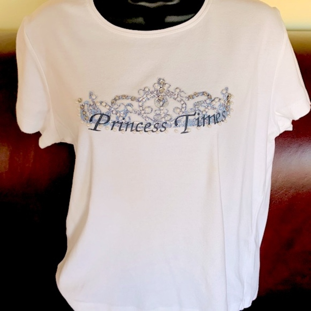 White Cotton Top with blue embroidery & white pearl beadings Short Sleeves Eur44